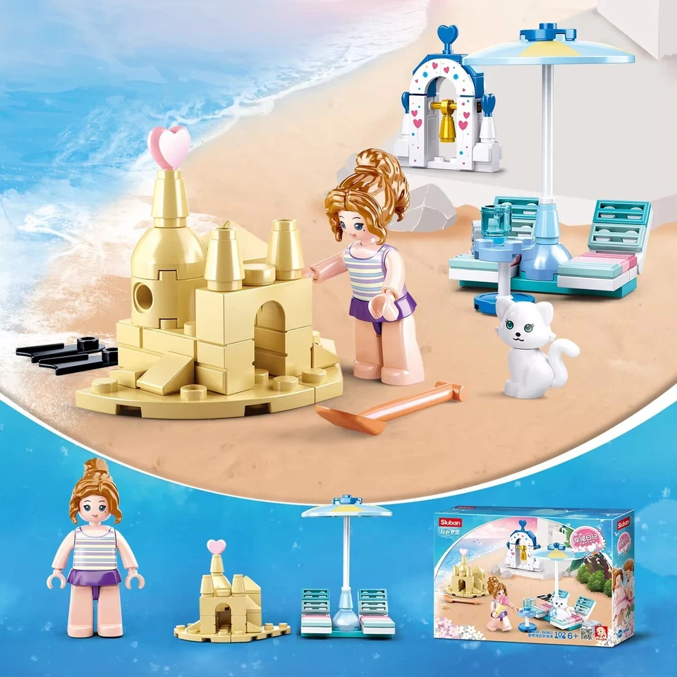 Sluban 102PCS Aegean Sea Beach Building Blocks Kitten Castle Beach Scene Bricks - Image 4 of 4