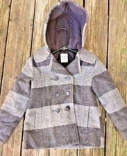 SALE OLD NAVY Wool Blend Hooded Gray Stripe Peacoat Button Boys Girls Sz M 8