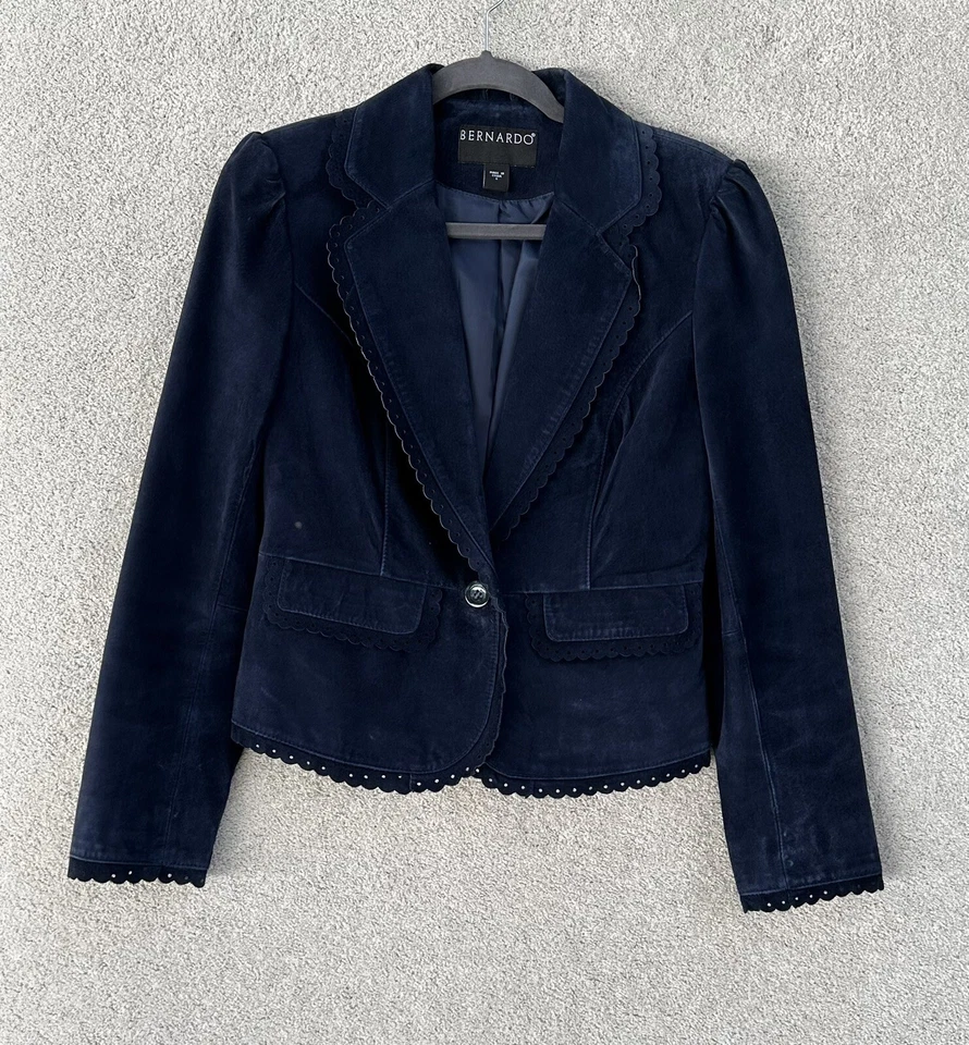 Chaqueta de cuero Bernardo para mujer pequeña azul real botón delantero vintage Foto 3 de 4