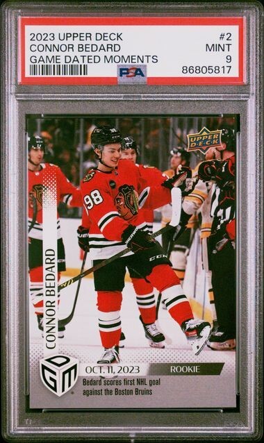 2023 Upper Deck Game Dated Moments Connor Bedard #2 PSA 9 view 1