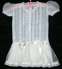 Girls Toddler Formal Dress Sz 4 Lacey White Sheer Wedding Pearls Rosettes Vtg