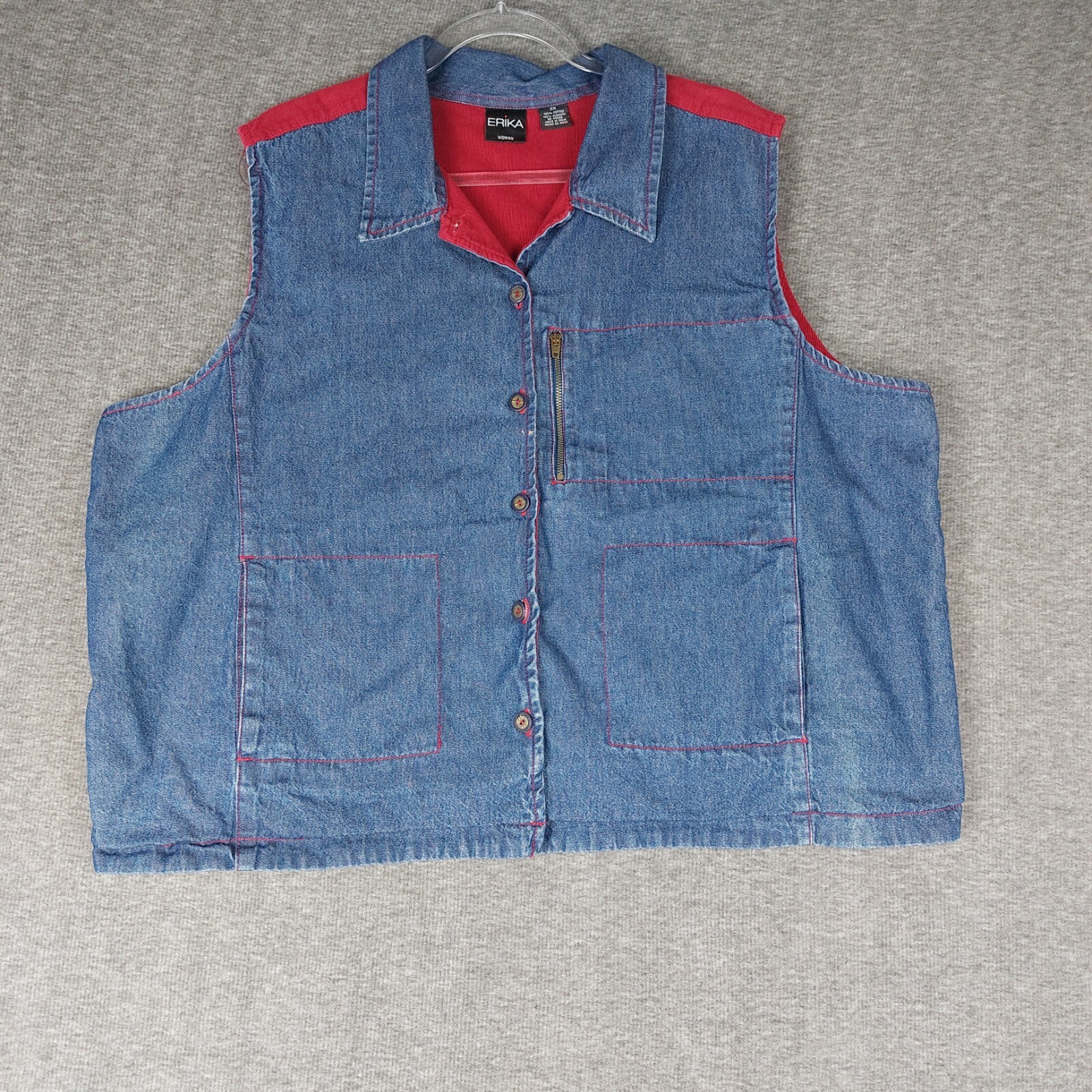 ERIKA WOMENS VINTAGE 90S BLUE JEAN DENIM RED CORDUROY BUTTON FRONT VEST SIZE 2X