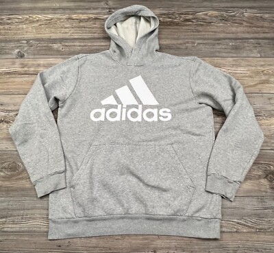 Adidas Men's Heather Grey Hoodie White Spell-Out Logo Fleece Lined Medium 