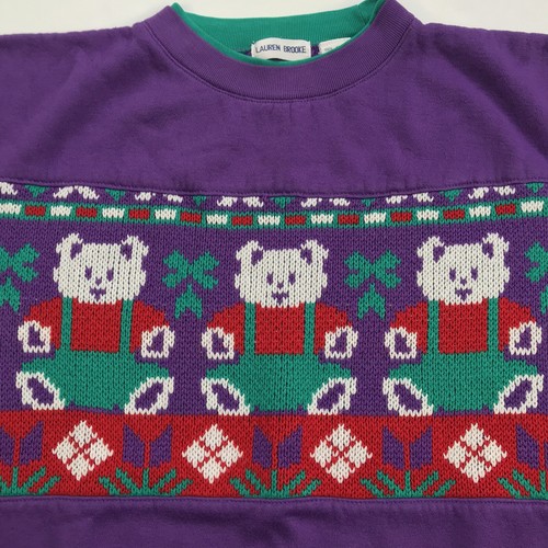 Vintage Womens Size Large Sweatshirt Sweater Purple Green Bears Granny Core - Picture 2 of 10