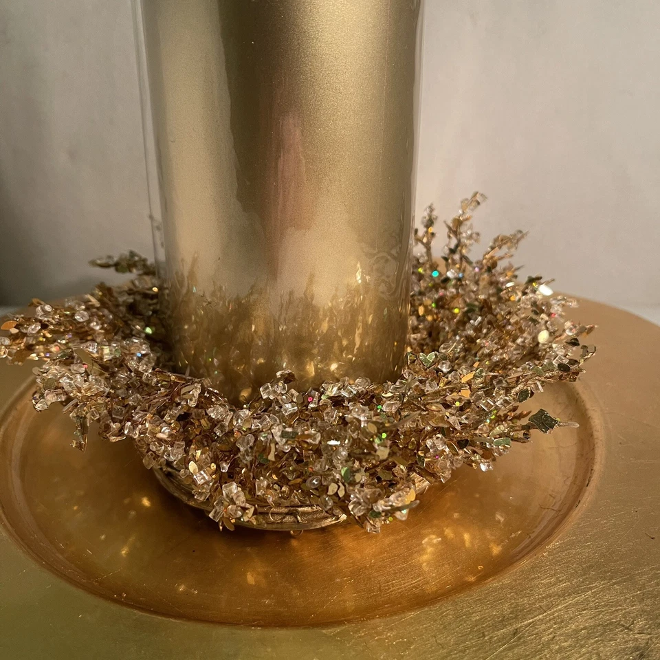 Holiday Decor Candle Ring Wreath Gold Wicker Wreath W/ Gold & Ice Crystals - Image 2 of 4