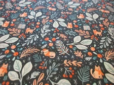 1 Yd New Cotton Fabric Dear Stella Tiny Peach Cats Teal Leaves on Blue