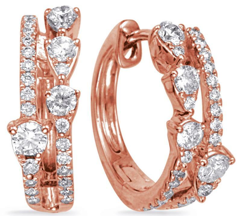 FILA ORECCHINI PENDENTI A CERCHIO IN ORO ROSA 14KT CON DIAMANTI .51CT 3D 2 FILE ROTONDI E FORMA DI PERA