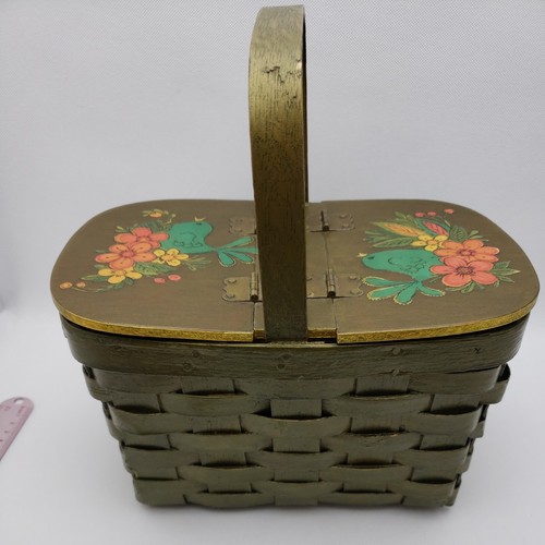 Vintage 1970's Decoupage Woven Wood Basket Purse Sewing Blue Birds Floral Green - Picture 15 of 24
