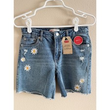 Kids NWT Levi's Low Pitch Midi Denim Shorts Daisy Embroidered Ripped Raw Hem