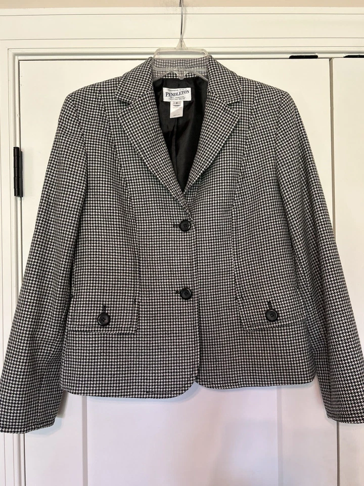 Blazer De Colección Pendleton Mujer Talla 6 100% Lana Virgen Negro Pata de Gallo Chaqueta Corta Foto 2 de 4
