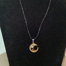 Crescent Moon Necklace Star Celestial Gold Tone Pendant  Rhinestone Black Cord 