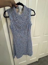 Light Blue Floral Lace Sleeveless Mini Dress Open Back High Neck