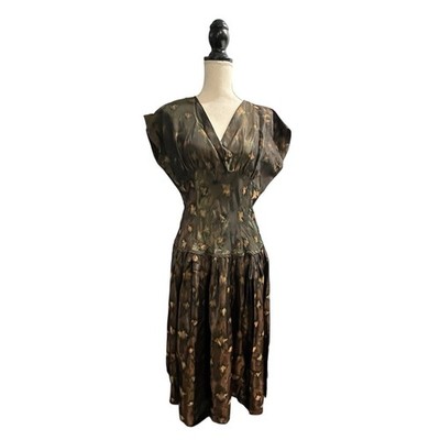 Vintage Peggy Page Tea Dress Brown Satin Metallic  A Line Swing Size 12 Retro