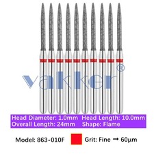 Vakker 10pc Dental 863-010F Fine Grit FG Diamond Burs Friction Grip Flame Shape