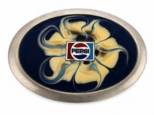 Pepsi Logo Belt Buckle Blue Cream Swirl Enamel Soda Advertising Oval Vintage