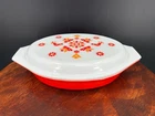 Vintage Pyrex Orange Red Friendship Divided Glass Casserole Dish Lid  1 Quart