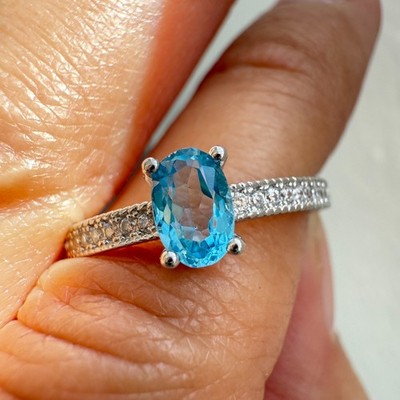 925 Sterling Silber Ring oval blau 6x4 mm natürlicher Topas Edelstein Zirkon NEU