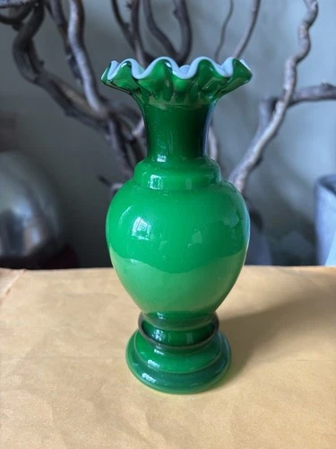 Fenton Ivy Green Overlay Glass Vase with Ruffled Edge Vintage