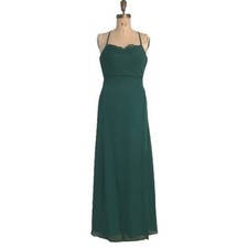 Azazie green maxi long bridesmaid dress with lace sweetheart cowl collar