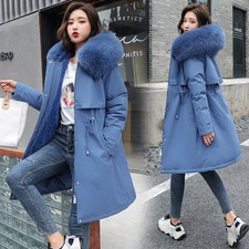 Women Long Fur Collar Fleece Lined Winter Parka Warm Cotton Padded Jacket Coat