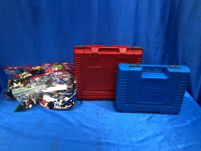 LEGO Vintage 1984 (red) & 1985 (blue) Storage Cases Lot w/ Minifigs, Var. Bricks
