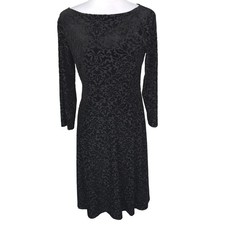 TALBOTS Women's Small Black Velvet Flocked Damask Sheath Boat Neck Midi Dress