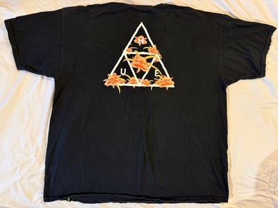 Ladies HUF Brand Flower Tee Shirt.  Black with logo in peach.  Ladies XXL