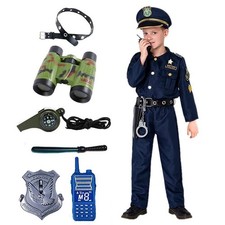 Kids Police Costume Set Halloween Officer Uniform Hat Belt Handcuffs Walkie Talk