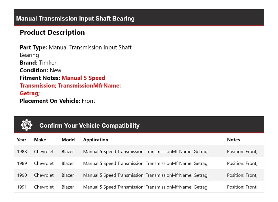 Cojinete de eje de entrada de transmisión manual Timken para Chevrolet Blazer 1988-1991 Foto 2 de 4