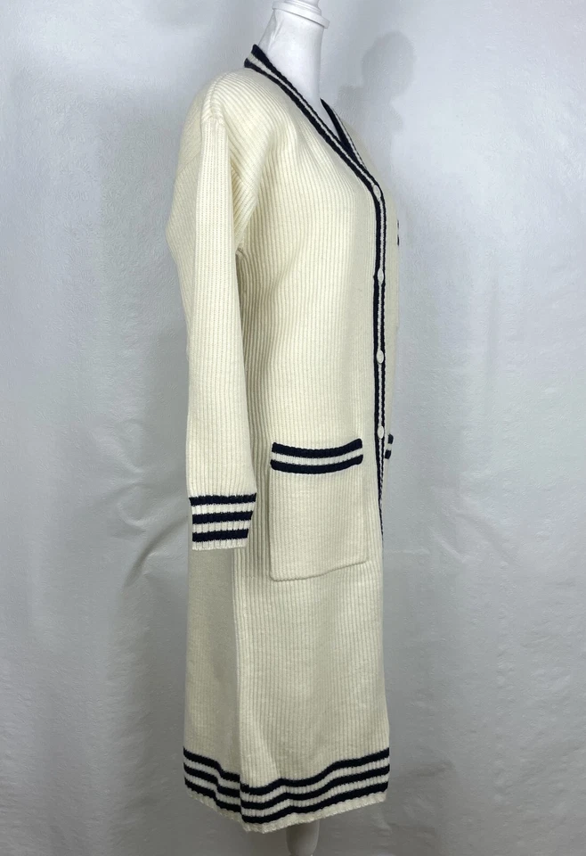 Abrigo Suéter Vintage Años 90 100% Lana Botón Frontal Marfil Azul Marino Bolsillos Talla M Foto 3 de 4