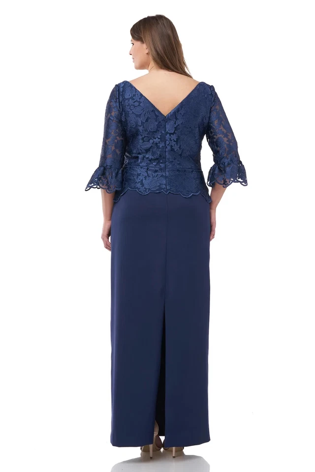 JS Collections Navy Blue Floral Embroidered Peplum Column Gown Size 24W $395 - Image 2 of 2