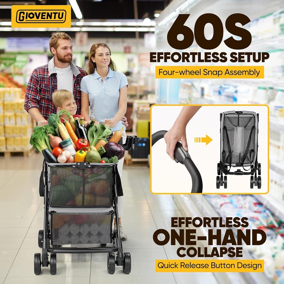 Folding Shopping Cart for Groceries(80lbs) Multifunctional Collapsible