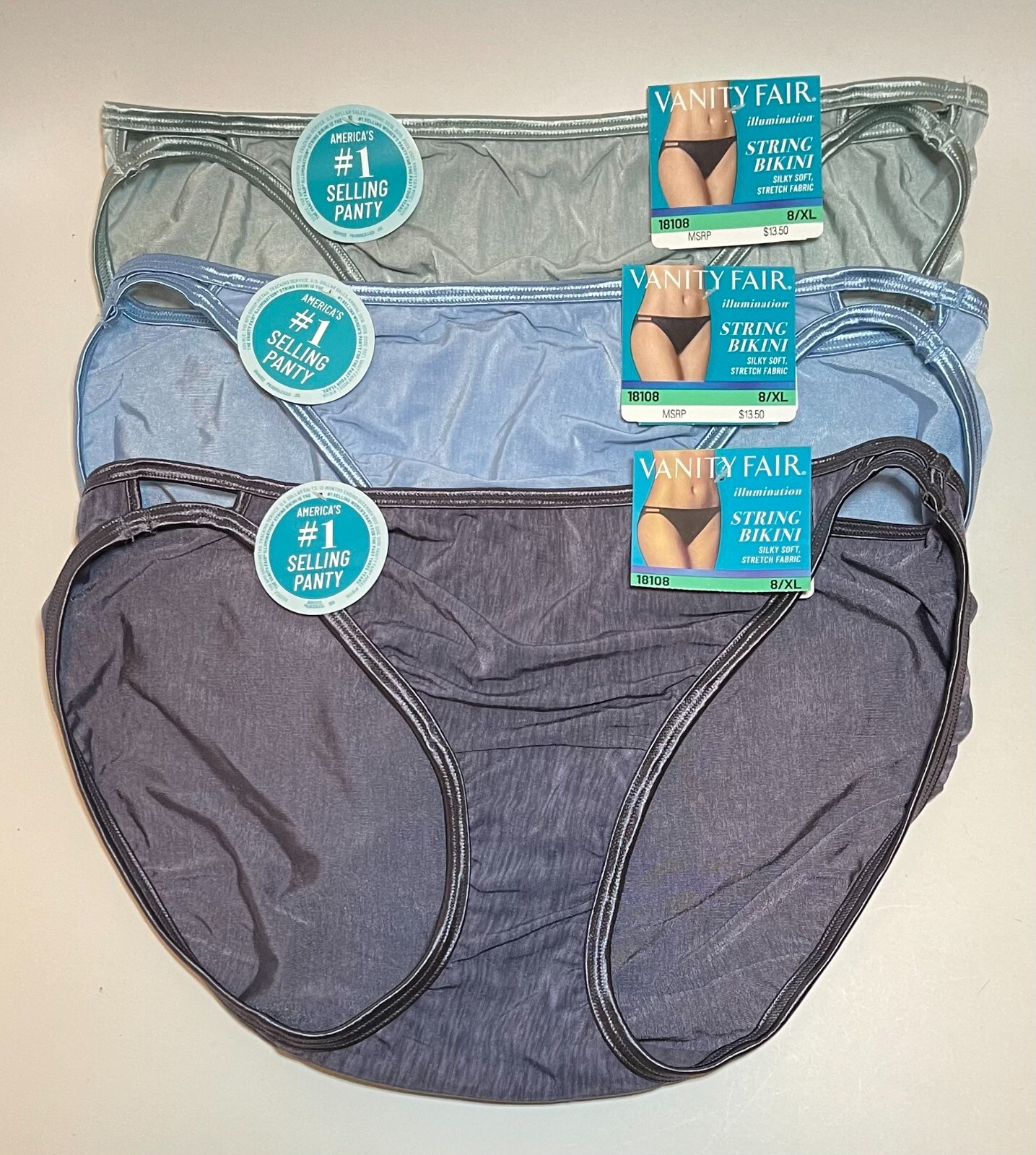 NWT 3 Vanity Fair Illumination String Bikini Panties 18108 Green/Blue