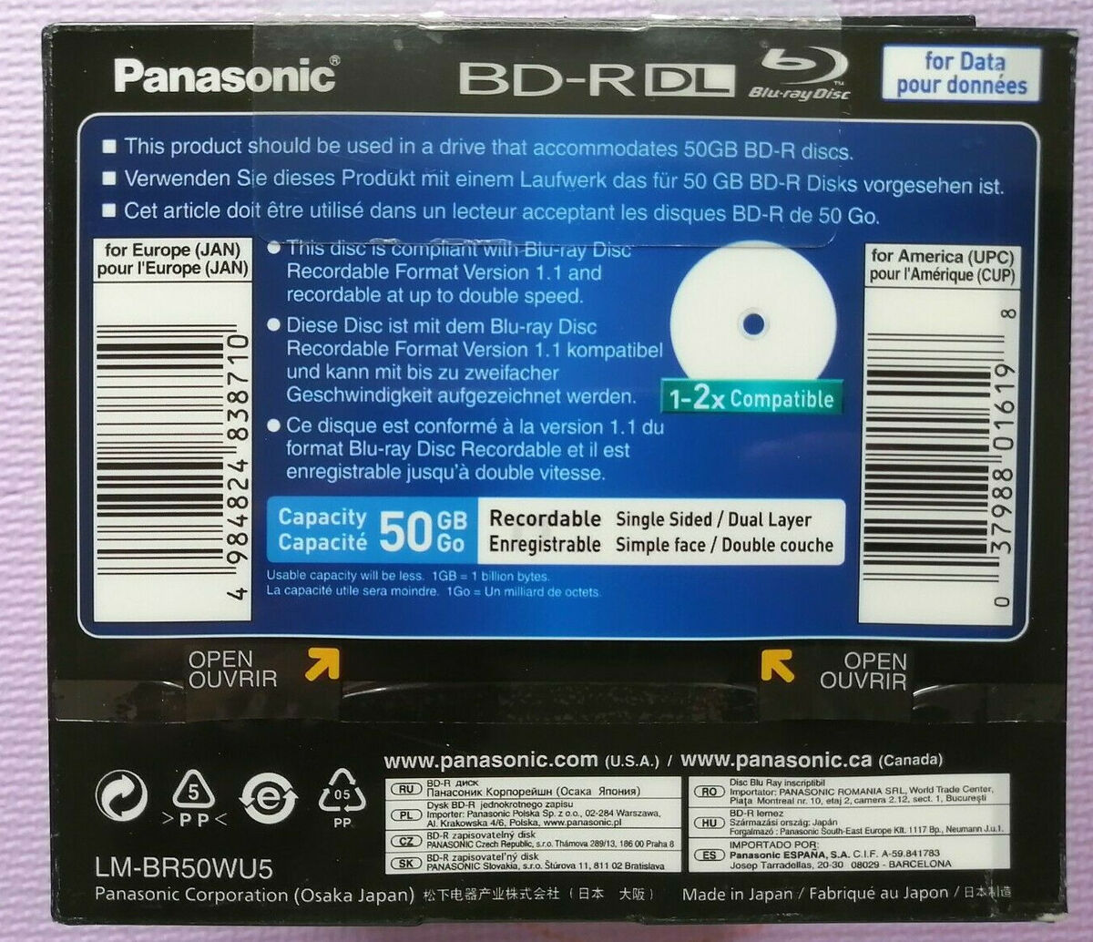 25+3 Panasonic Blu-Ray BD-R DL 50GB 2x Speed Inkjet Printable REWRITABLE  Japan