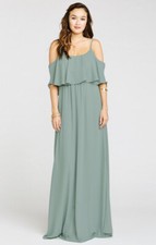 Show Me Your Mumu Caitlin Ruffle Maxi Dress Silver Sage Chiffon Off Shoulder S