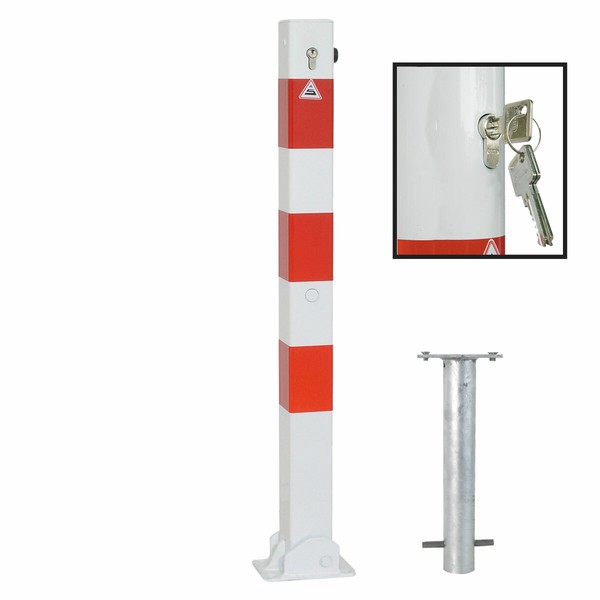 Absperrpfosten Klappbar 70 X 70 Mm Weiß Rot Mit Profilzylinder Zum Einbetonieren-image