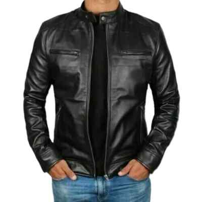 Men Leather Jacket Black Genuine Lambskin Café Racer Biker Motorcycle Jacket