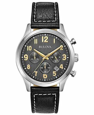 Bulova Men's Quartz Chronograph Black Leather Strap Watch 40mm