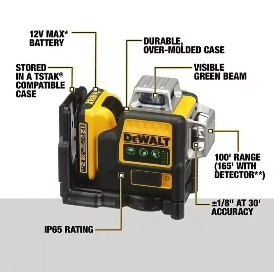 DeWalt DW089LG 12V Green Line 3 x 360 Laser Level Laser + battery + charger - Image 3 of 4