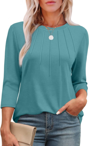 3/4 Length Sleeve Womens Tops round Neck Casual Tunic Tops Basic Pleated Shirts