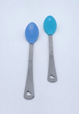 Vintage 2 Munchkin Baby Spoons Blue And Green Heart Cutout Stainless Steel