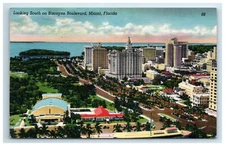 Postcard Looking South on Biscayne Boulevard Aerial View Miami Florida Linen