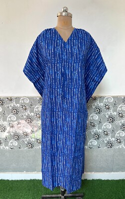 Blue Small Dot Kaftan Dress Maxi Boho Size Women Kimono Plus Beach Caftan Casual