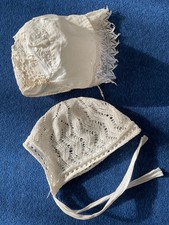 2 VTG Antique white Lace Baby Bonnets, Caps