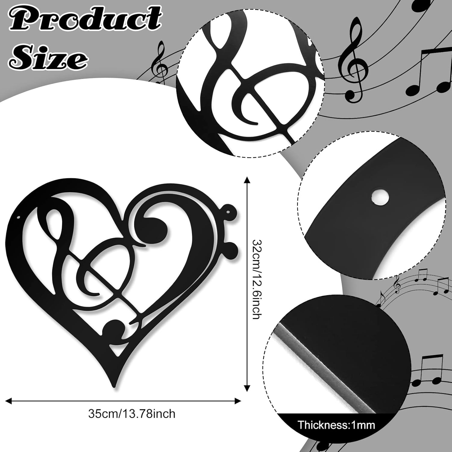 Zhengmy Heart Metal Music Wall Decor Musical Notes Metal Wall Art Vintage Theme