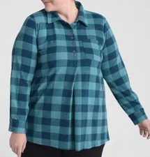 CJ Banks Size 2X Teal & Navy Plaid Collared Tunic top, long sleeves  NWT