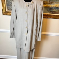 Vintage Longline Skirt Suit Taupe Greige Gold Crest Buttons 2 Piece Set L/XL