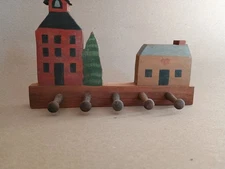 Vintage Wooden Handcrafted House Handpainted Key Holder Hook Primitive Americana