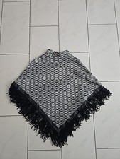 Poncho Cape grau schwarz mit Leder und Fransen Einheitsgröße Kuschelig Warm