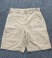 Distressed Carhartt B147 Loose Fit Work Shorts Mens 34 Duck Canvas Carpenter Tan